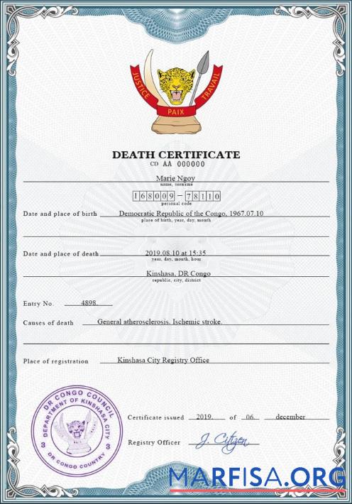 Realistic Congo (Democratic Republic of the Congo) vital record death certificate PSD template